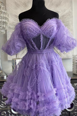 Short Ruffles Homecoming Dress Purple Tulle Off the Shoulder Mychicdress