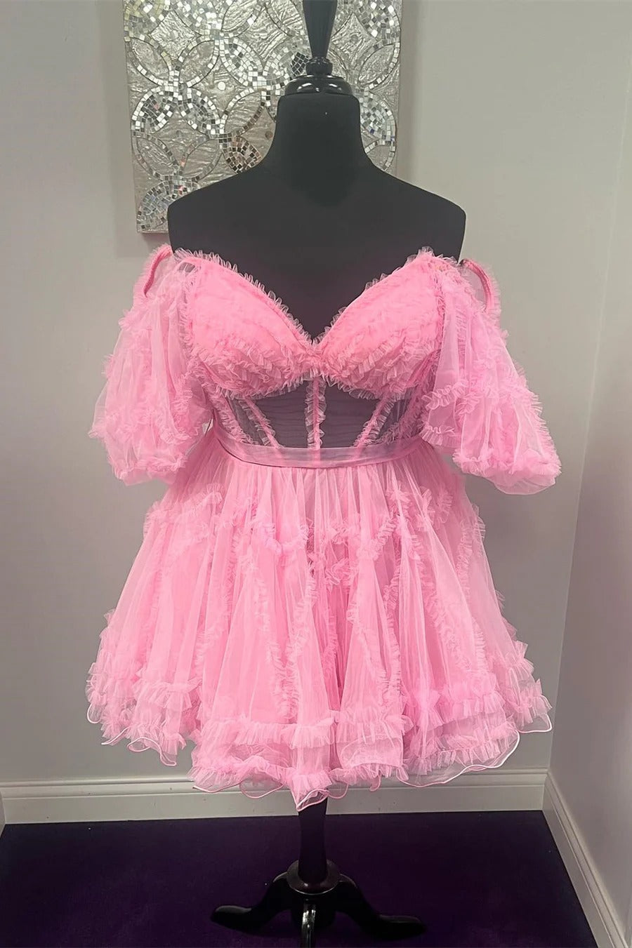 Short Ruffles Homecoming Dress pink Tulle Off the Shoulder Mychicdress