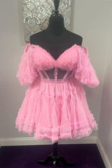 Short Ruffles Homecoming Dress pink Tulle Off the Shoulder Mychicdress