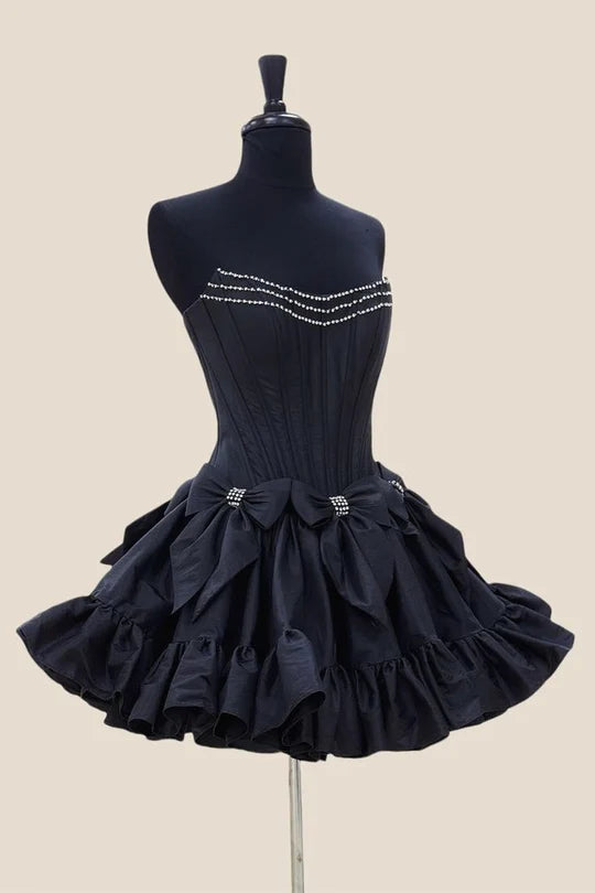 Short Strapless Black Homecoming Dress Satin Beaded with Bow Mychicdress