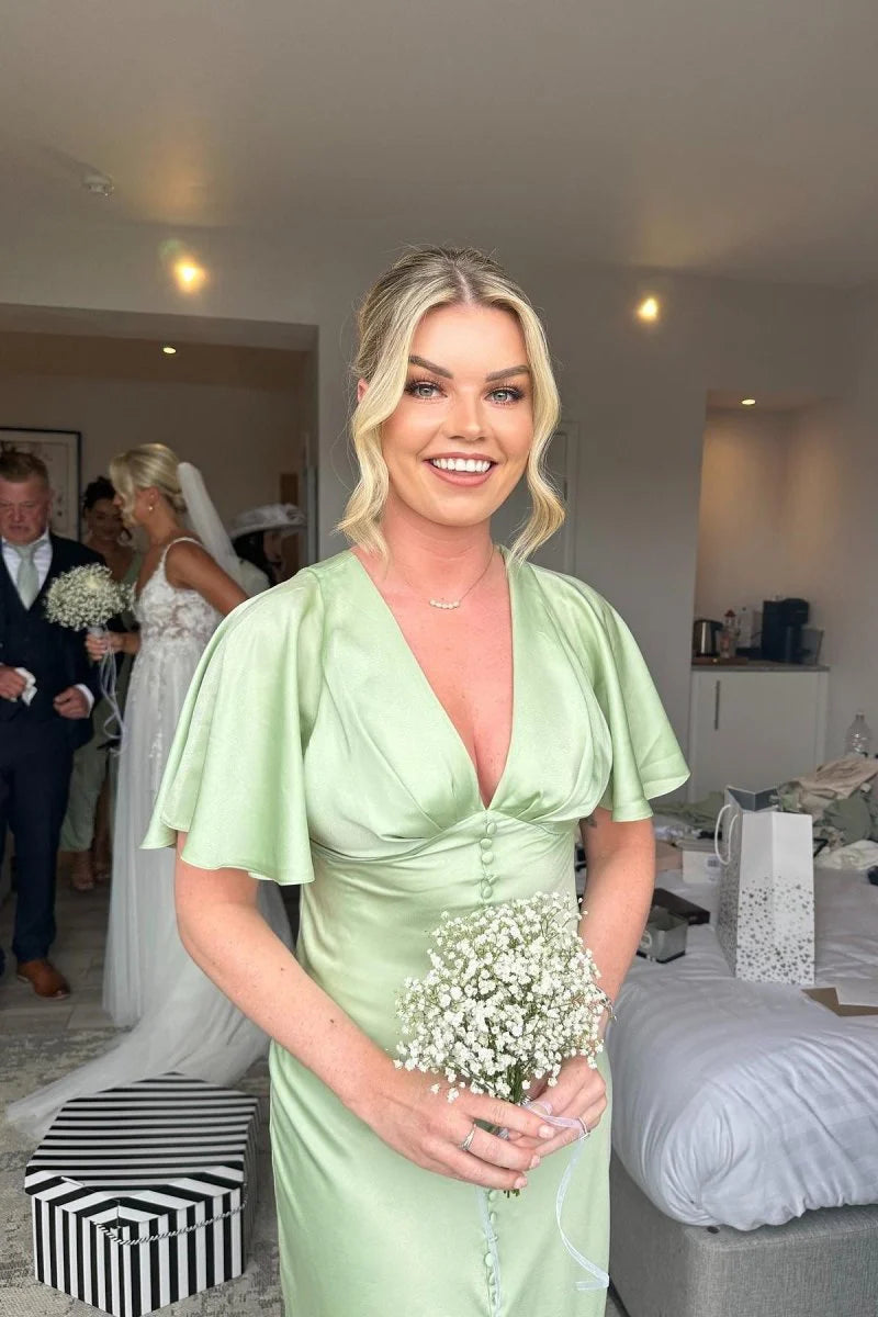 Silk Satin Sage Green Bridesmaid Dress Beach with Flare Sleeves Buttons
