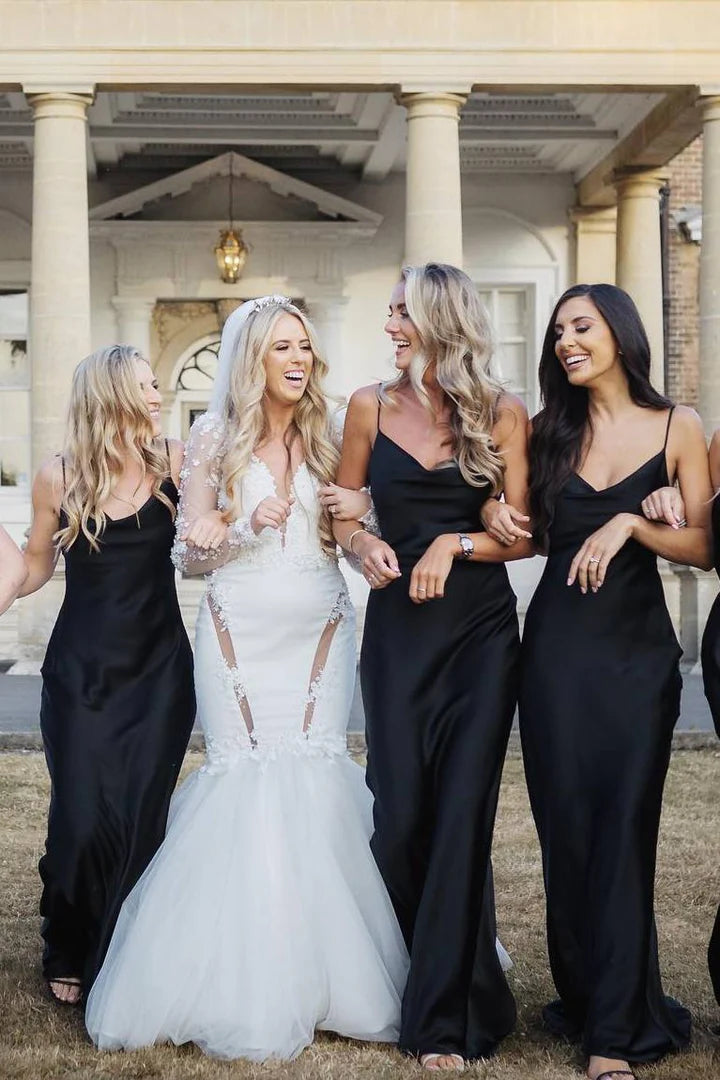 Simple Black Bridesmaid Dress Beach Satin Spaghetti Straps Cowl Neck