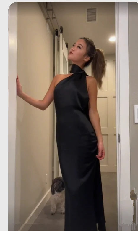 Simple Black Prom Dress Long Formal Dress for Wedding Guests Backless