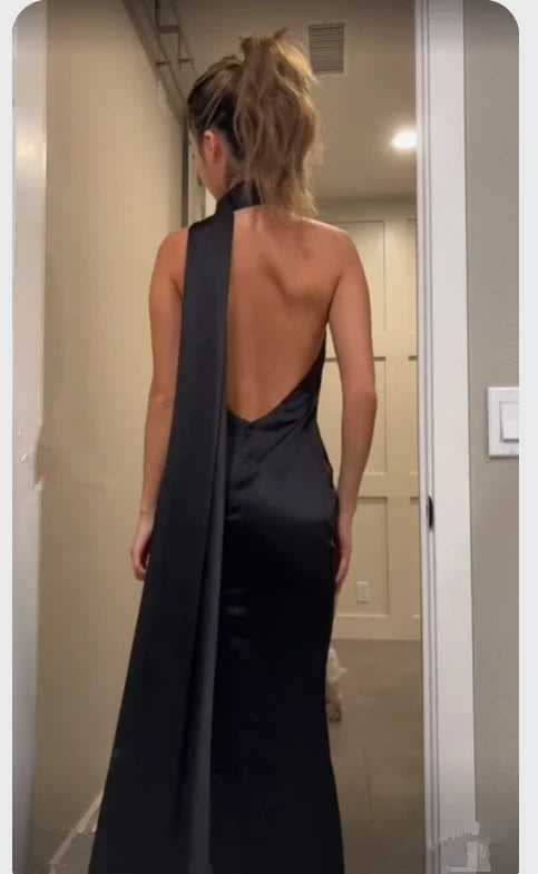 Simple Black Prom Dress Long Formal Dress for Wedding Guests Backless