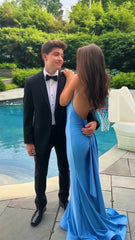blue wedding guest Dress Satin Mermaid Evening Dress Open Back Mychicdress
