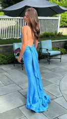blue wedding guest Dress Satin Mermaid Evening Dress Open Back Mychicdress