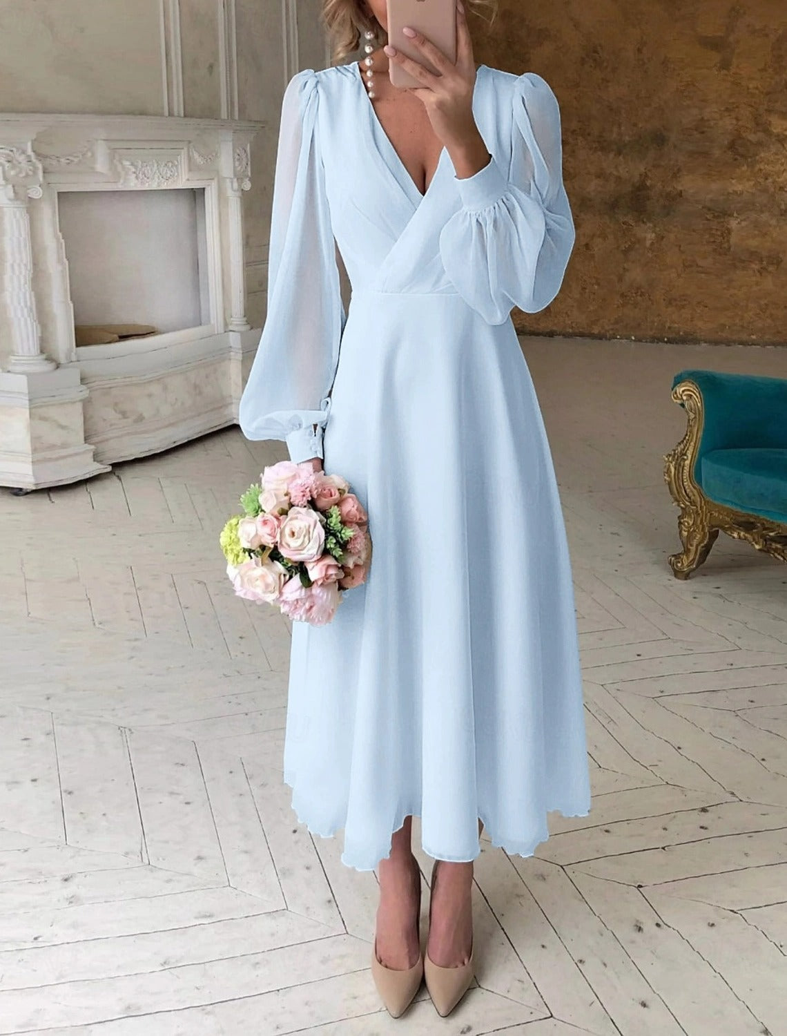 Simple Chiffon Sky blue Reception Wedding Dress Ankle Length Long Sleeve