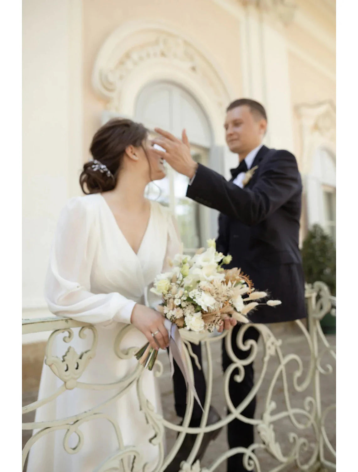 Simple Chiffon White Reception Wedding Dress Ankle Length Long Sleeve