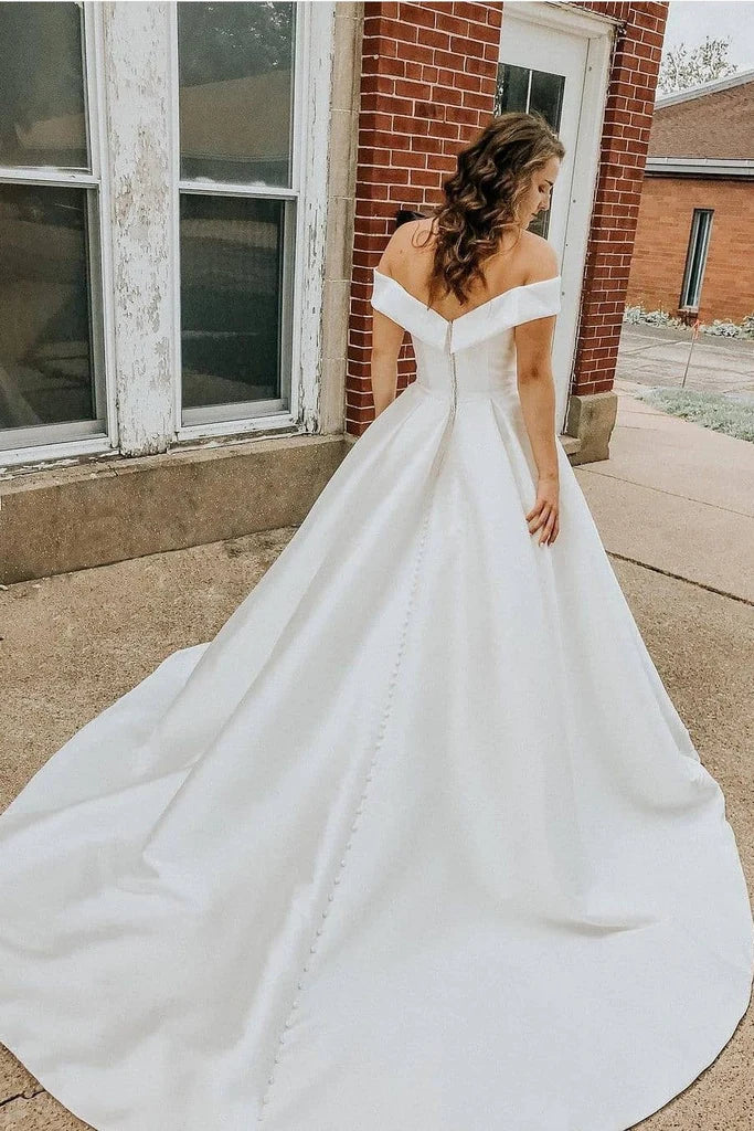 Simple Off the Shoulder Satin Beach Wedding Dress with Button train Mychicdress