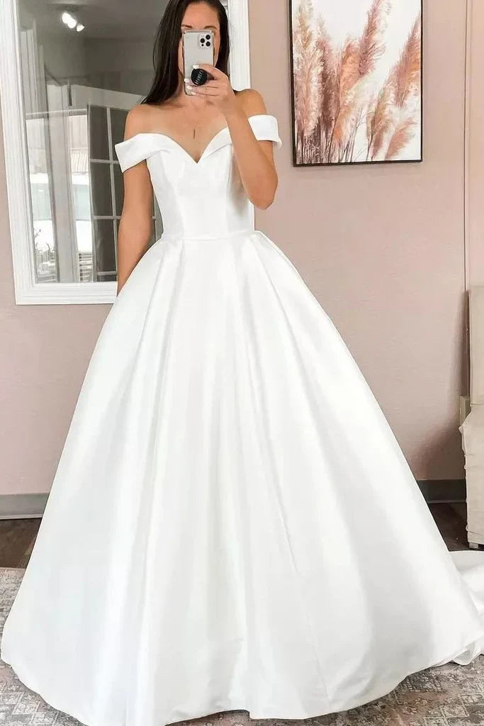 Simple Off the Shoulder Satin Beach Wedding Dress with Button train Mychicdress