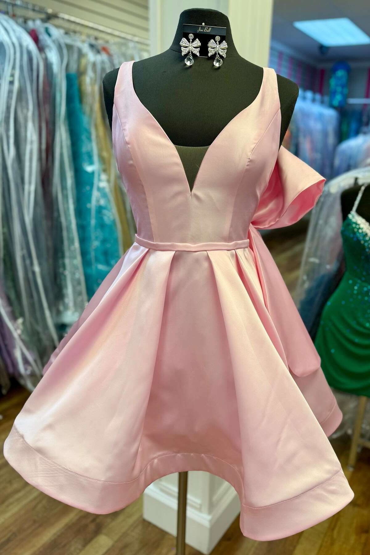 Simple Pink Satin Homecoming Dress A Line with Bow