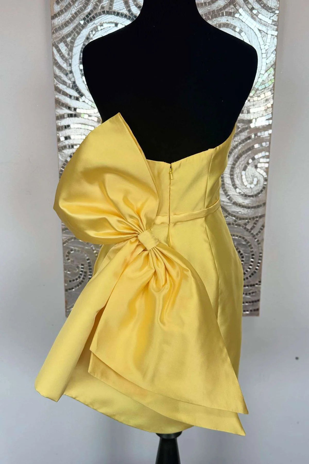 Simple Satin Yellow Hoco Dress Mini Strapless Tight Dress with Bow Mychicdress