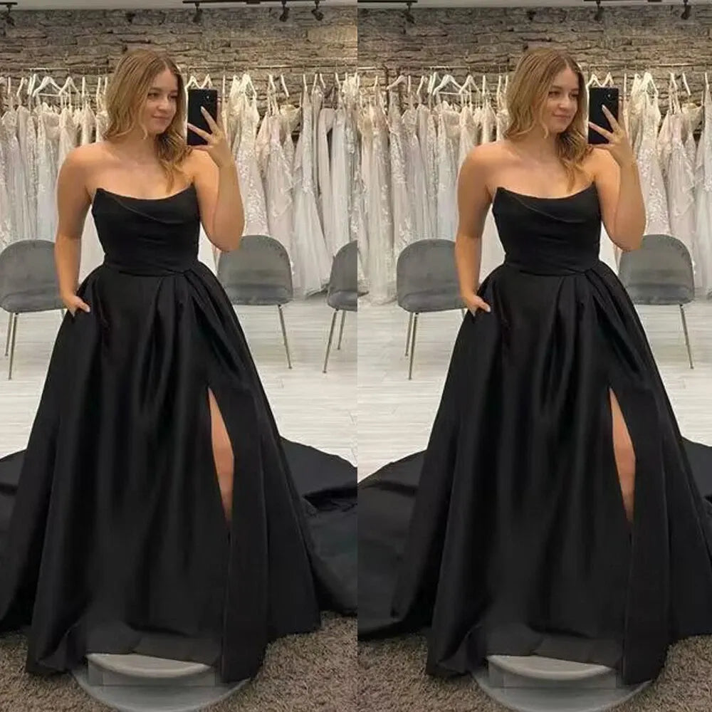 Simple Strapless Black Wedding Dresses Gothic Satin with Slit