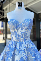 Simple Strapless Floral Printed Blue Homecoming Dress Mini
