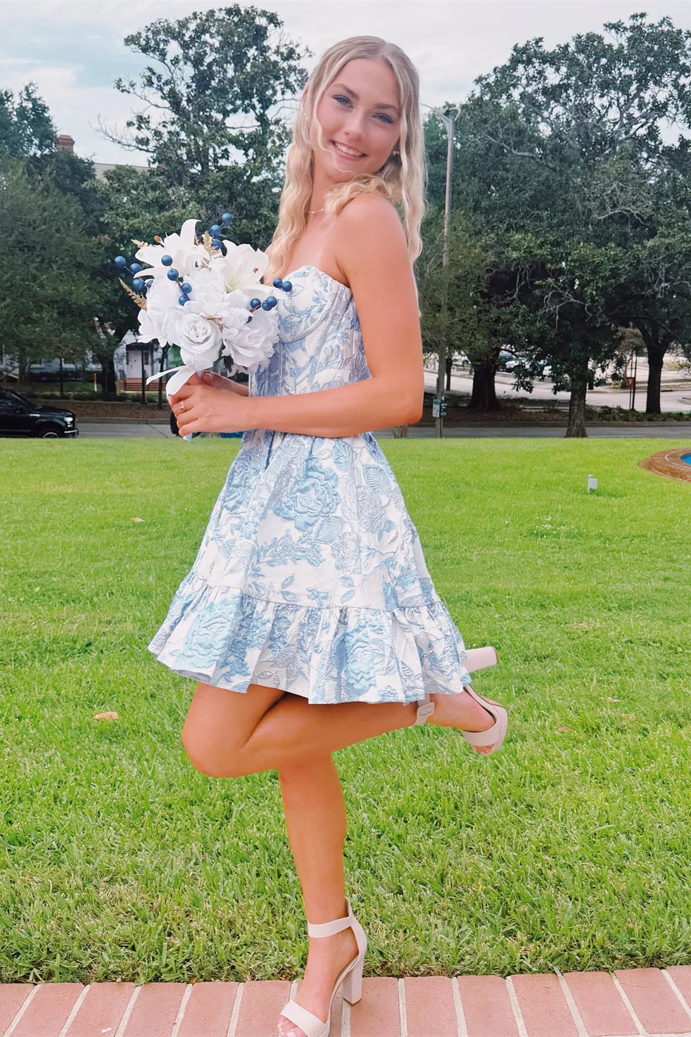 Simple Strapless Floral Printed Blue Homecoming Dress Mini Mychicdress