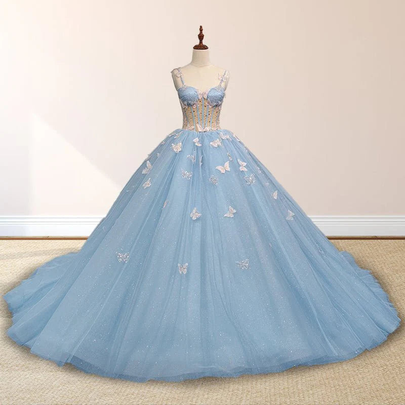 Sky Blue Quinceanera Dresses with 3D Butterfly Beading Appliques Mychicdress