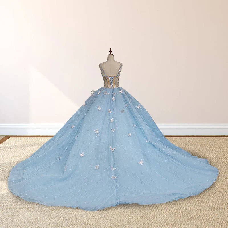 Sky Blue Quinceanera Dresses with 3D Butterfly Beading Appliques Mychicdress