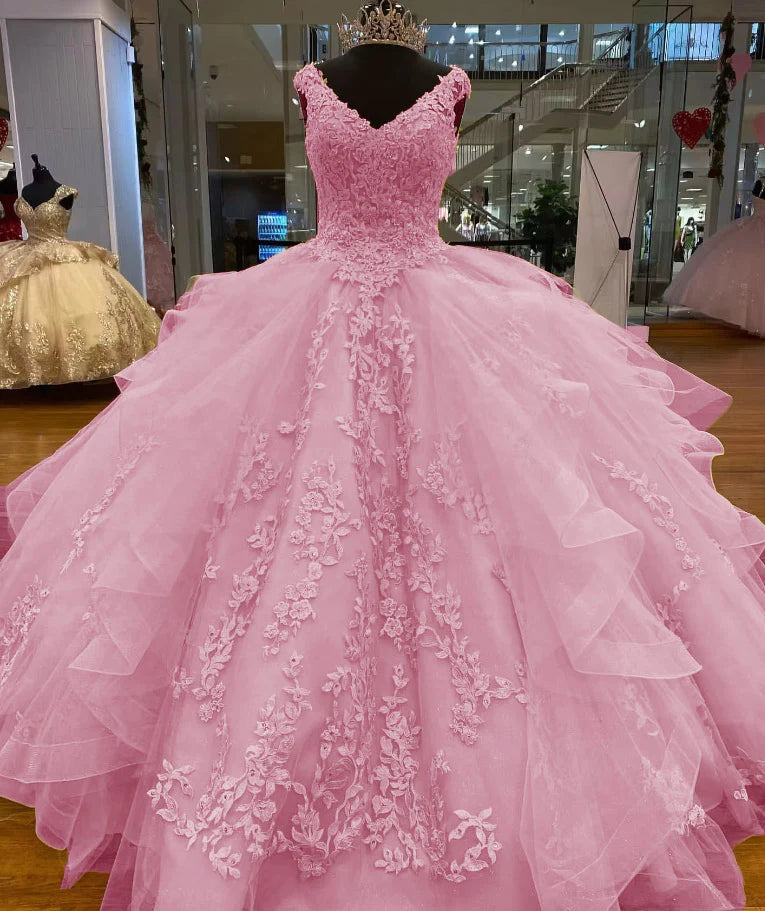 Pink Lace Quinceanera Dress Appliques Beaded