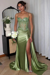 Sage Green Sequined Prom Dress Appliqued Mermaid