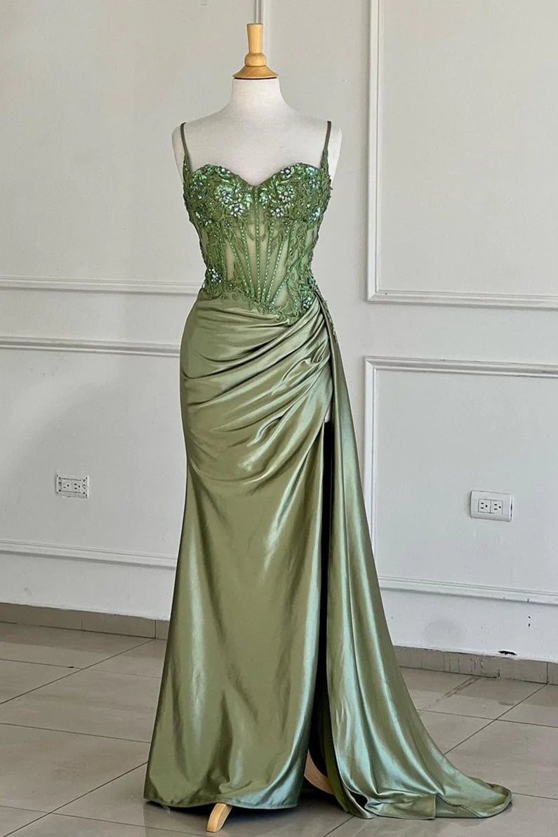 Spaghetti Straps Sage Green Sequined Prom Dress Appliqued Mermaid