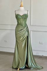 Spaghetti Straps Sage Green Sequined Prom Dress Appliqued Mermaid