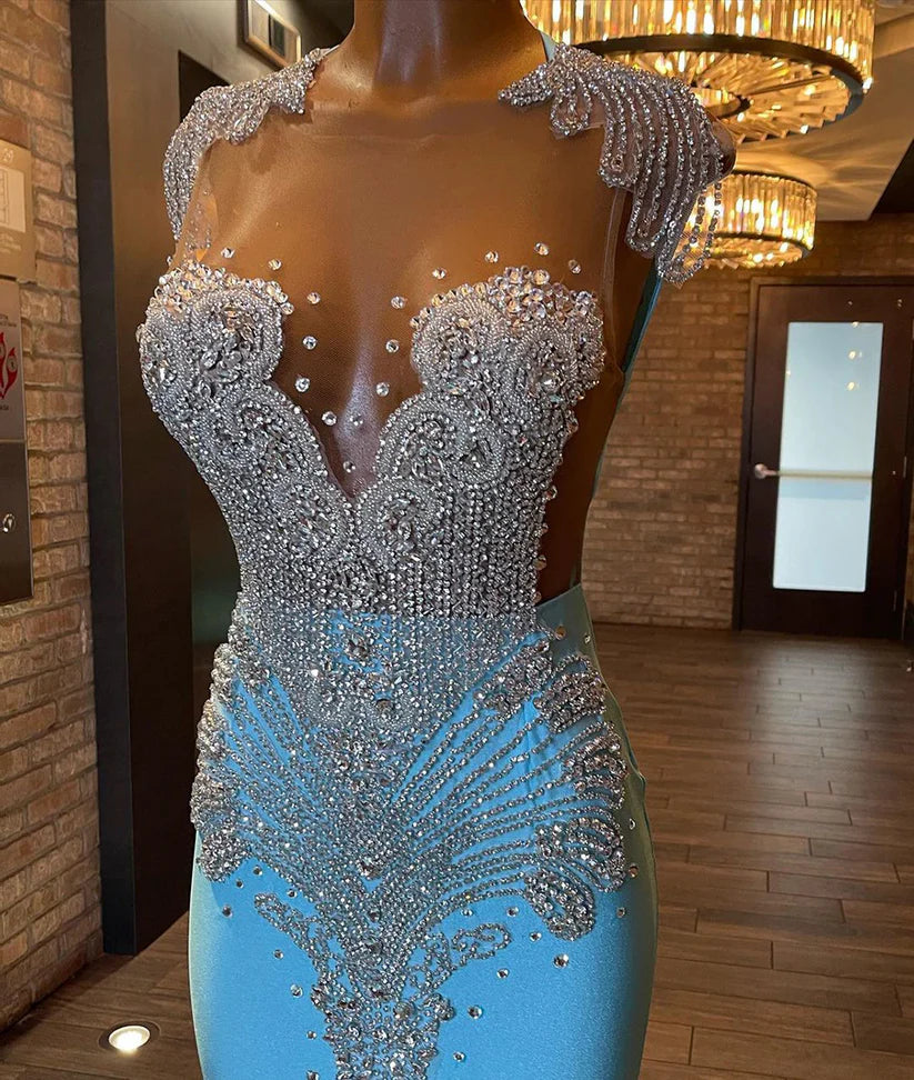 Sparkly Blue Prom Dresses Luxury Diamond for Black Girls Mychicdress