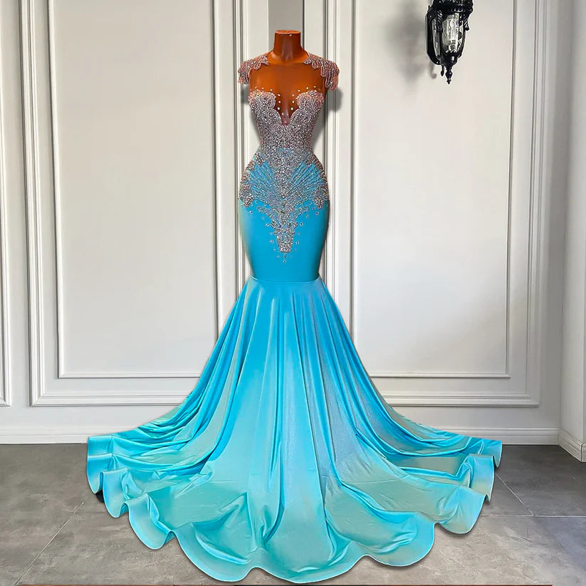Sparkly Blue Prom Dresses Luxury Diamond for Black Girls Mychicdress