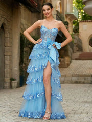  blue strapless gown with floral Junior Prom Dresses Tiered Layer Sequin Applique with Big Bowknot