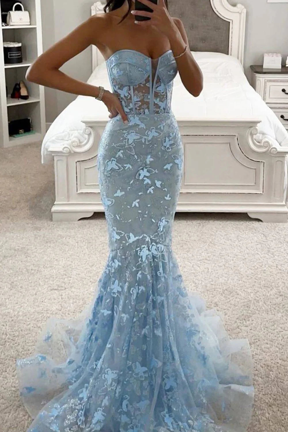 Sparkly Mermaid blue Lace Prom Dress Sweetheart Long evening dress