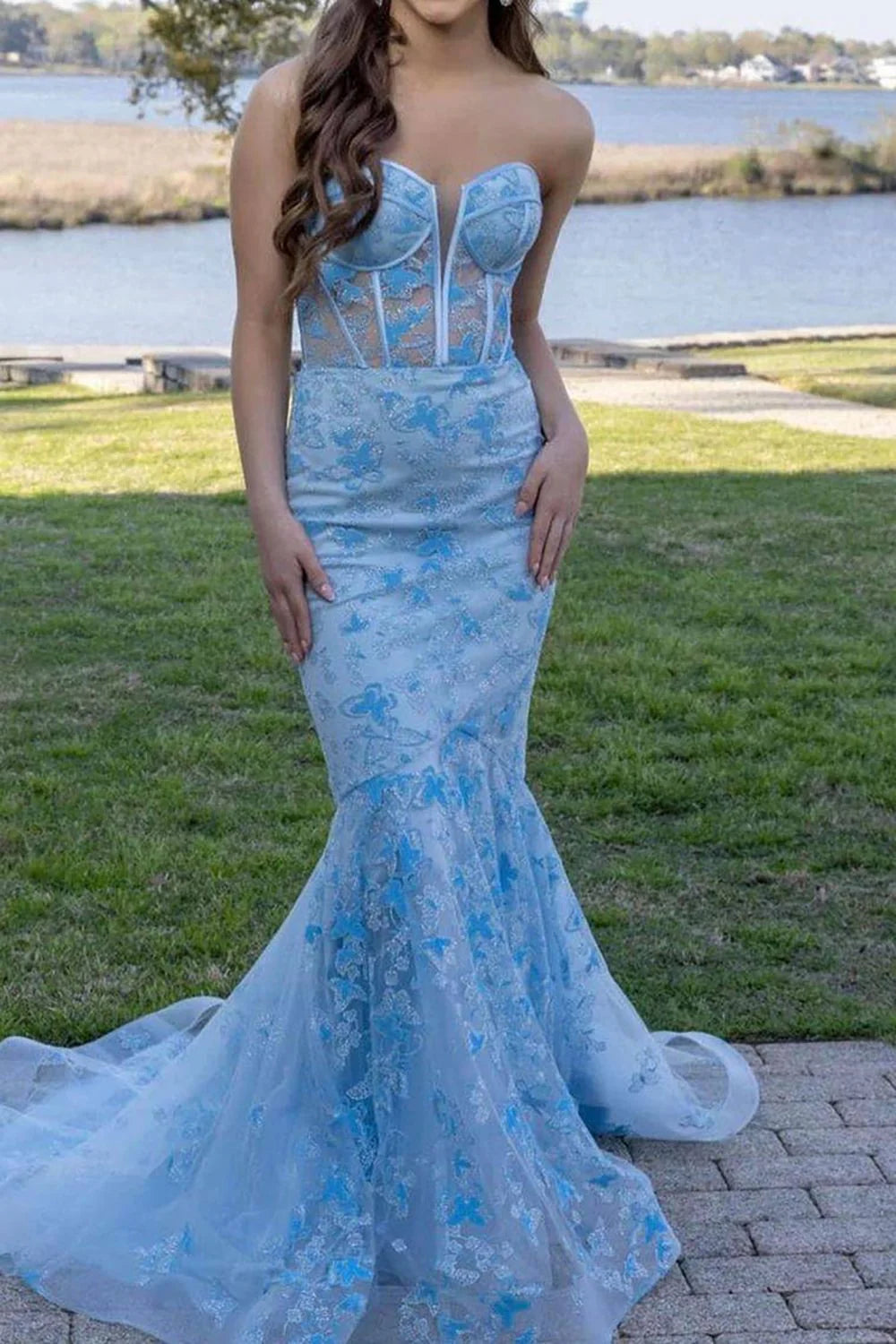 Sparkly Mermaid blue Lace Prom Dress Sweetheart Long evening dress