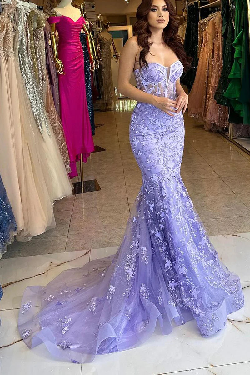Sparkly Mermaid Lavender Lace Prom Dress Sweetheart Long