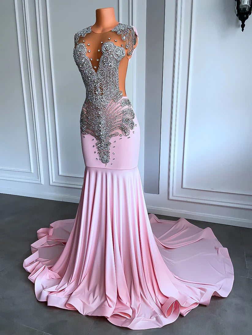 Sparkly Pink Prom Dresses Luxury Diamond for Black Girls Mychicdress