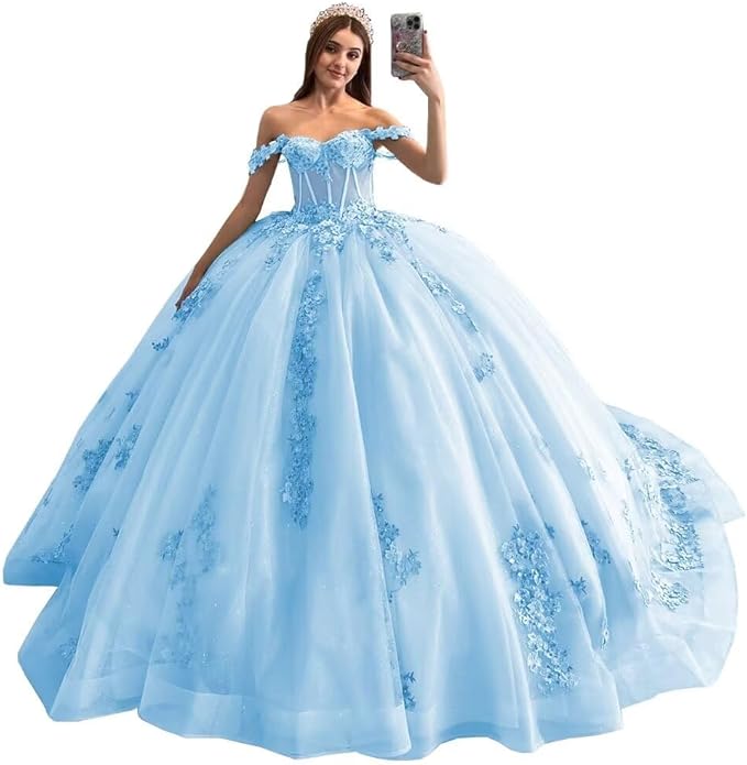 Sparkly Puffy light blue Sweet 16 Quinceanera Dresses Lace Beaded 3D Floral Mychicdress