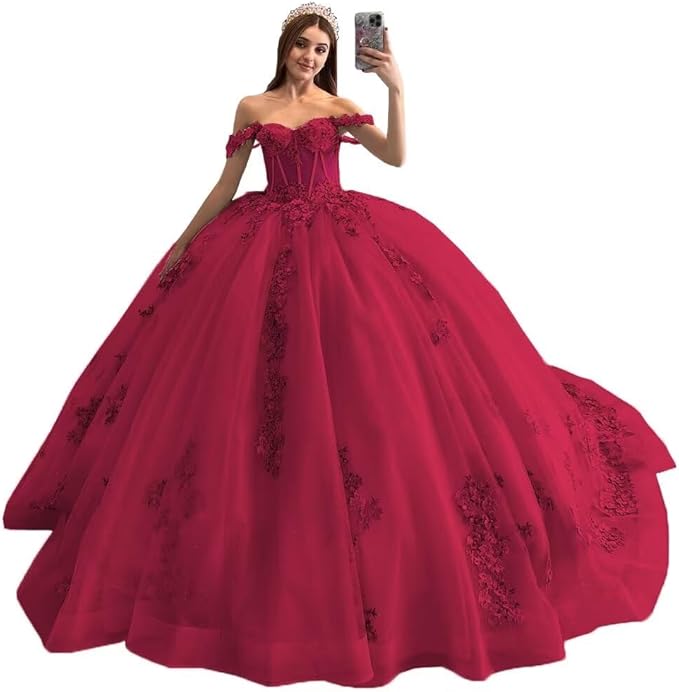 Sparkly Puffy red Sweet 16 Quinceanera Dresses Lace Beaded 3D Floral Mychicdress