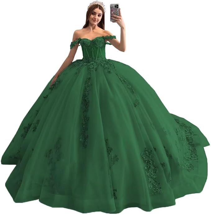 Sparkly Puffy green Sweet 16 Quinceanera Dresses Lace Beaded 3D Floral Mychicdress