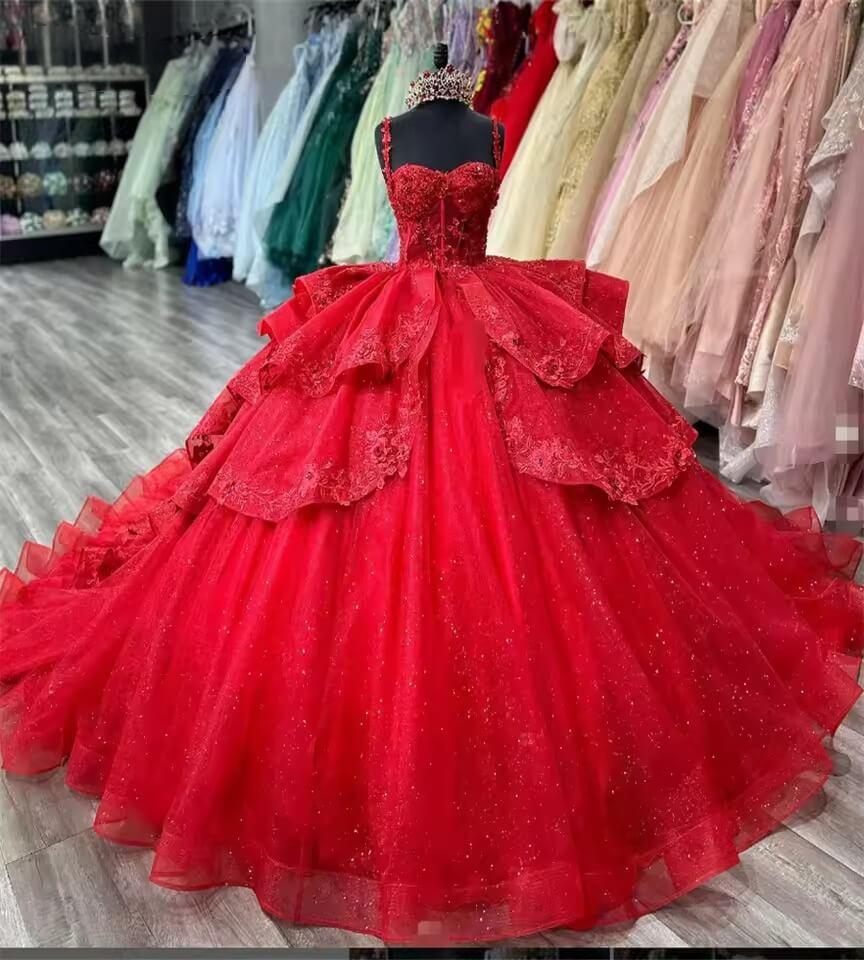 Sparkly Red Tiered Ruffles Quinceanera Dresses Sequin Lace Vestidos De 15