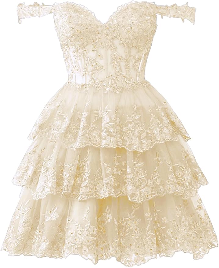 Sparkly Short Corset Tiered Ruffle Homecoming Dresses Off the Shoulder