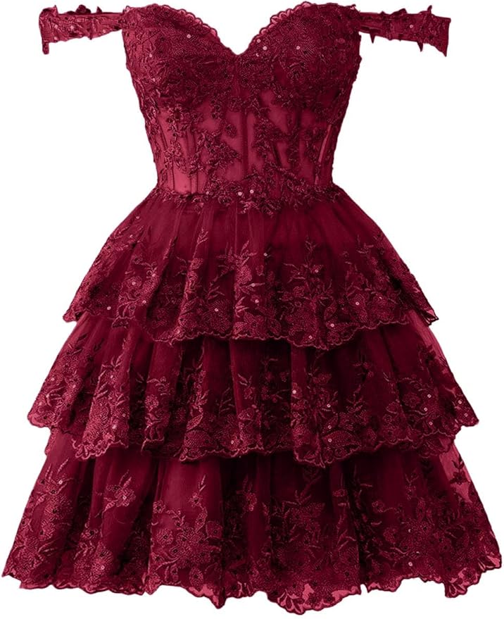 Sparkly Short Corset Tiered Ruffle Homecoming Dresses Off the Shoulder