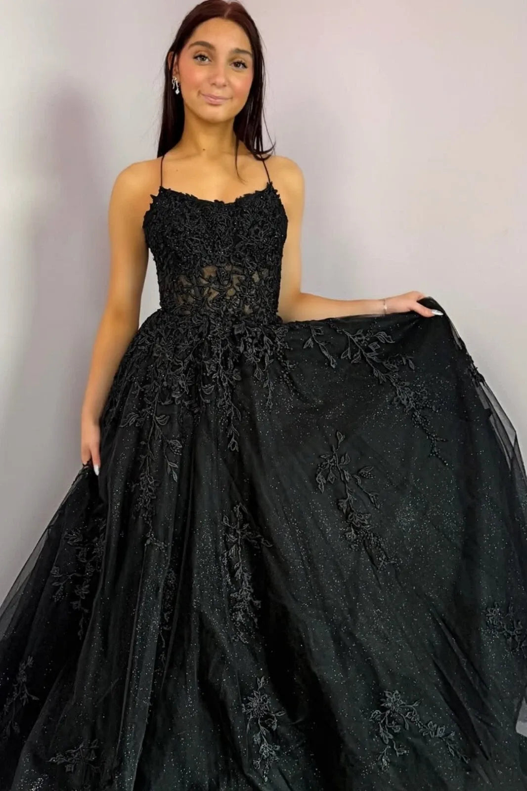 Spring Black Lace Prom Dresses A Line Tulle Evening Gowns Sleeveless