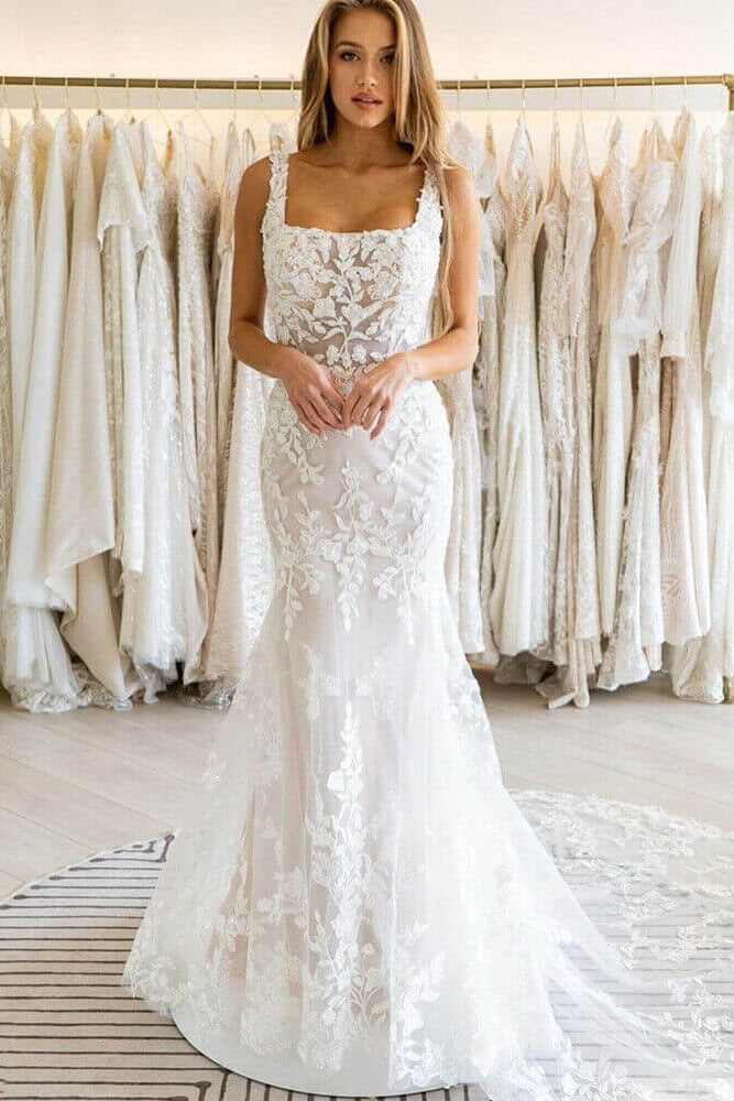 Square Neck Lace Wedding Dresses Mermaid Backless