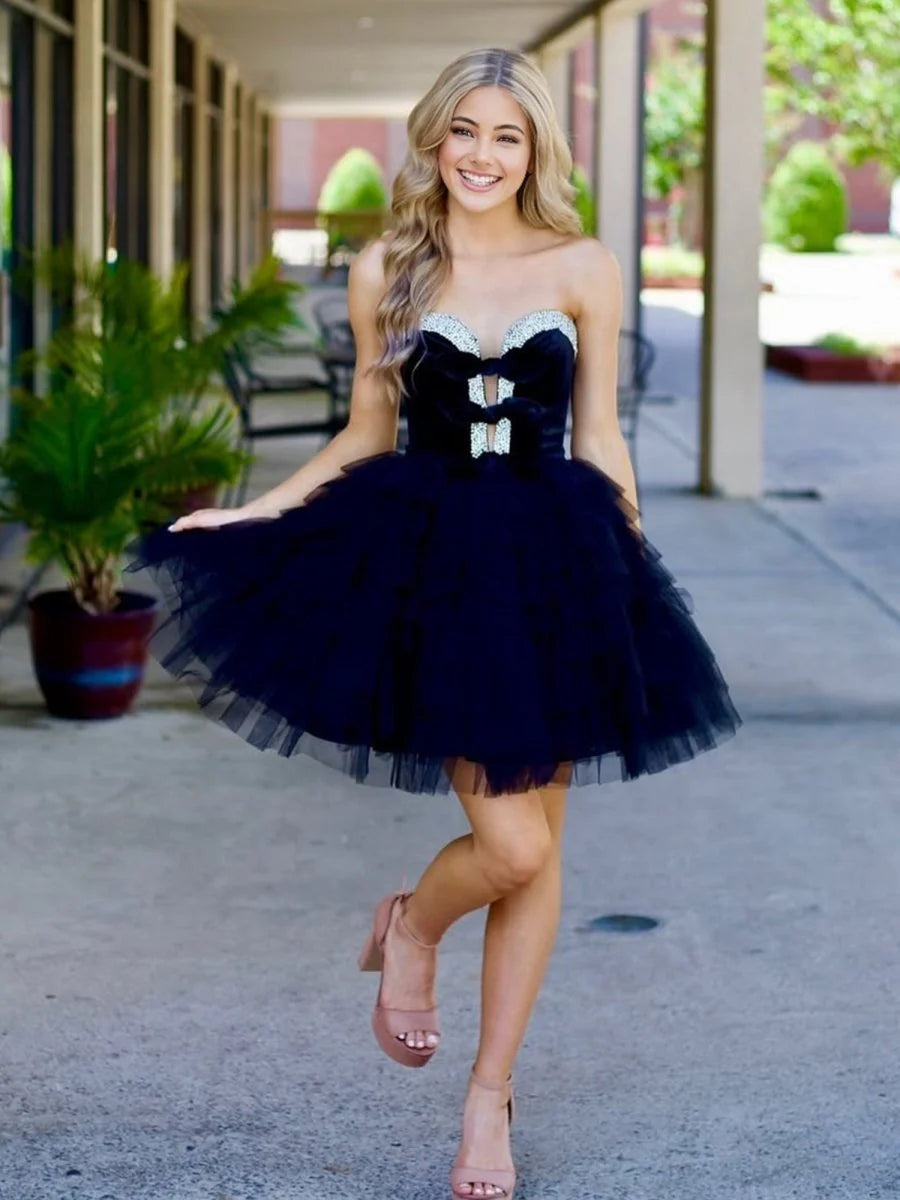 Strapless Black Tiered Ruffle Homecoming Dress Unique With Bow