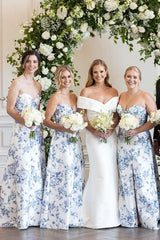 Strapless Blue Floral Bridesmaid Dress Printed Sleeveless with Slit Mychicdress