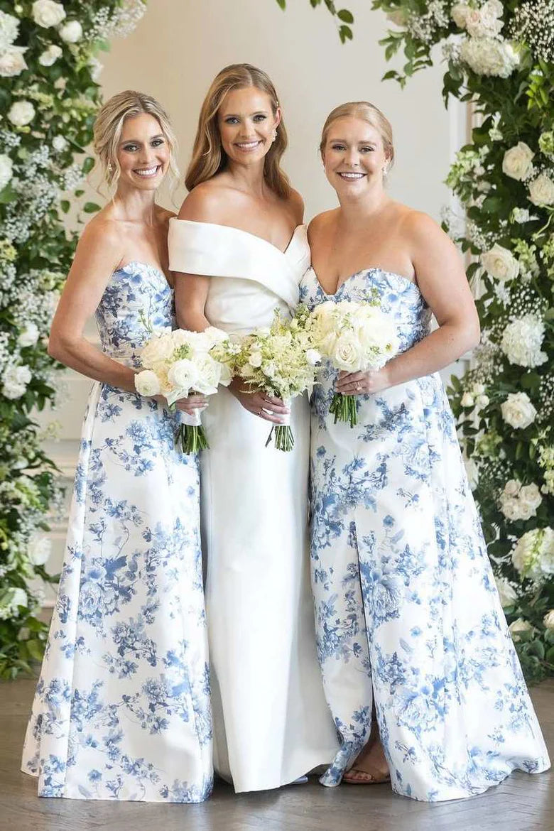Strapless Blue Floral Bridesmaid Dress Printed Sleeveless with Slit Mychicdress