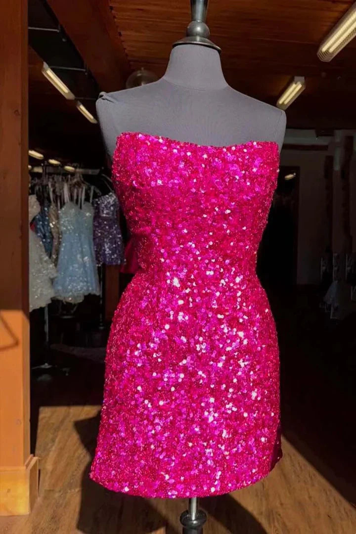 Strapless Cheap Fuchsia Homecoming Dress Sequins Bateau Bodycon