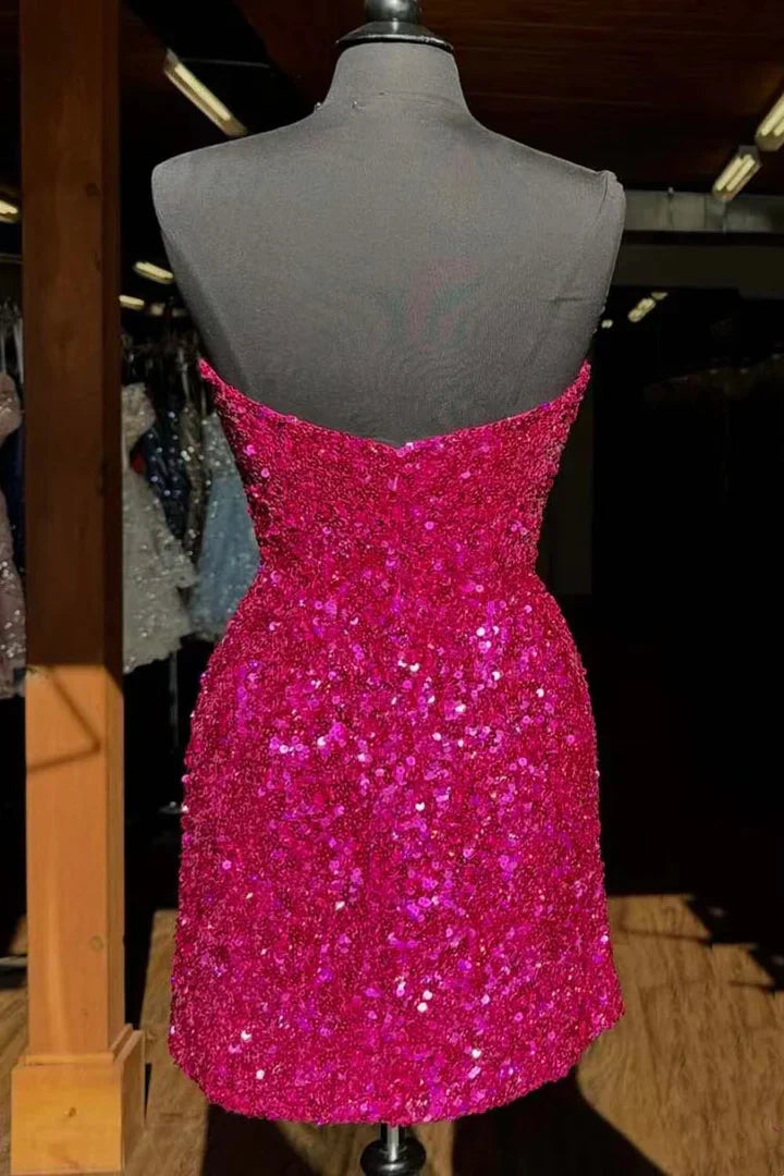 Strapless Cheap Fuchsia Homecoming Dress Sequins Bateau Bodycon