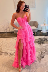 Strapless Chiffon 2025 Tiered Ruffle Prom Dress Pink Keyhole