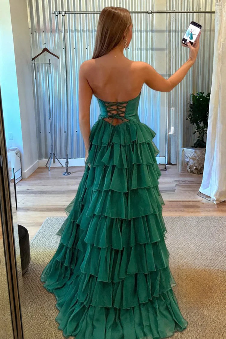 2026 Strapless Emerald Green Prom Dresses Ruffled Chiffon With Cutout