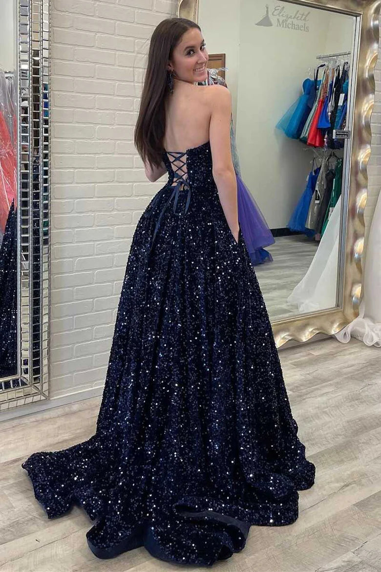 Vestido de fiesta formal con tirantes finos y purpurina azul, largo hasta el suelo, estilo sirena
