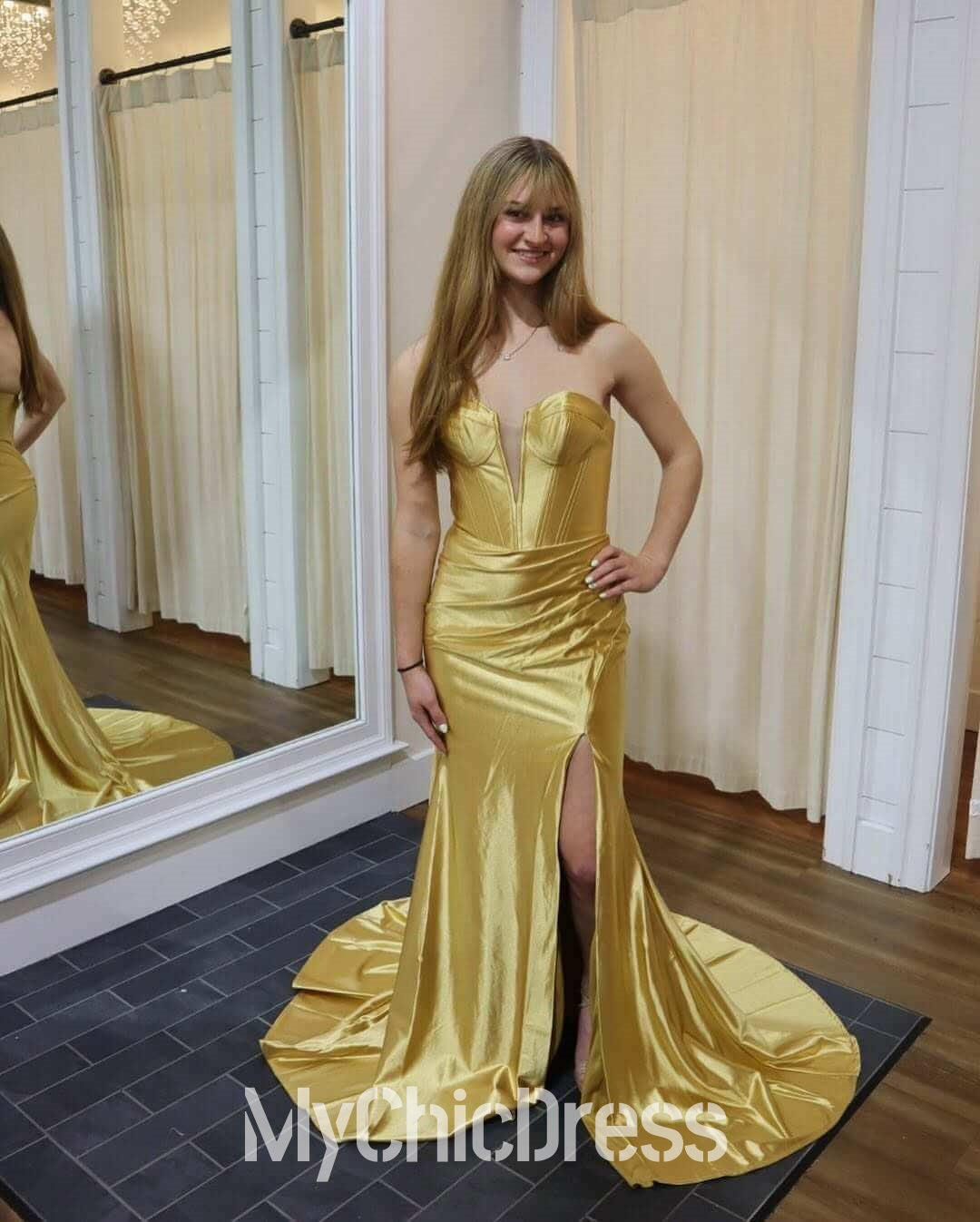 Strapless gold Evening Gown Satin Prom Dress Mermaid With Slit