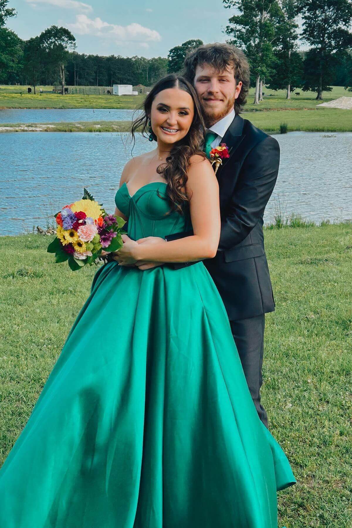 Strapless Green Prom Dresses Corset Sweetheart Ball Gown Satin